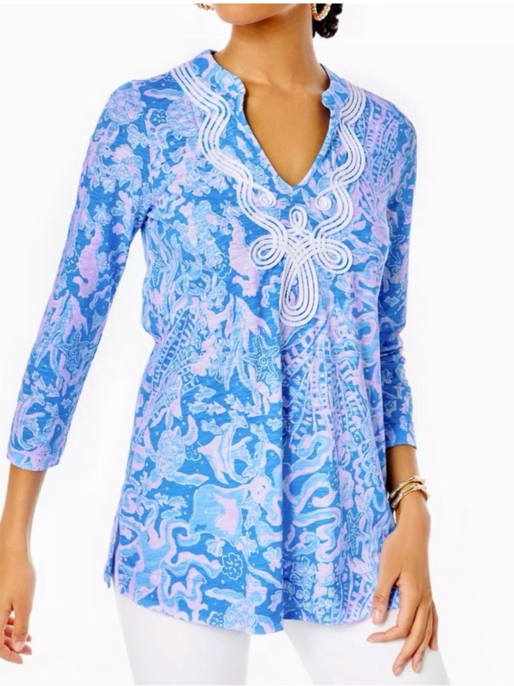 EUC Lilly Pulitzer Kaia Blue, Pink & Cream Signature Logo Knit Tunic